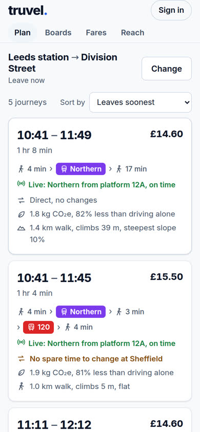 Journeys, with live times and fares